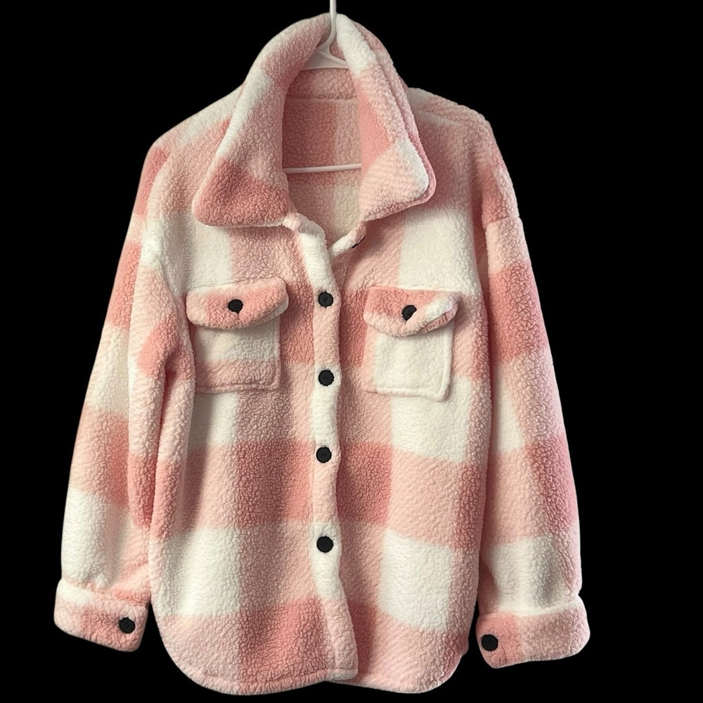 Women's Plush Shacket Size Large Pink White Cozy Loungewear Jacket‎ - Picture 5 of 6